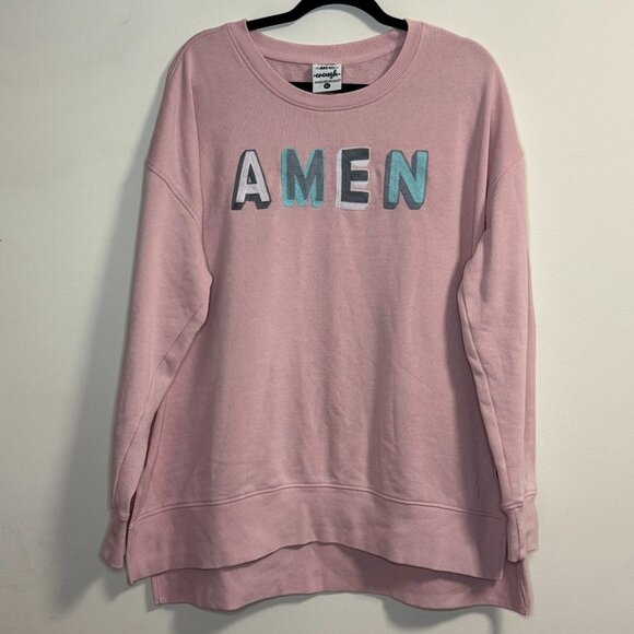 Jadelynn Brooke Embroidered "Amen" Sweatshirt XL Pink Crewneck High-Low Hem - Picture 1 of 6
